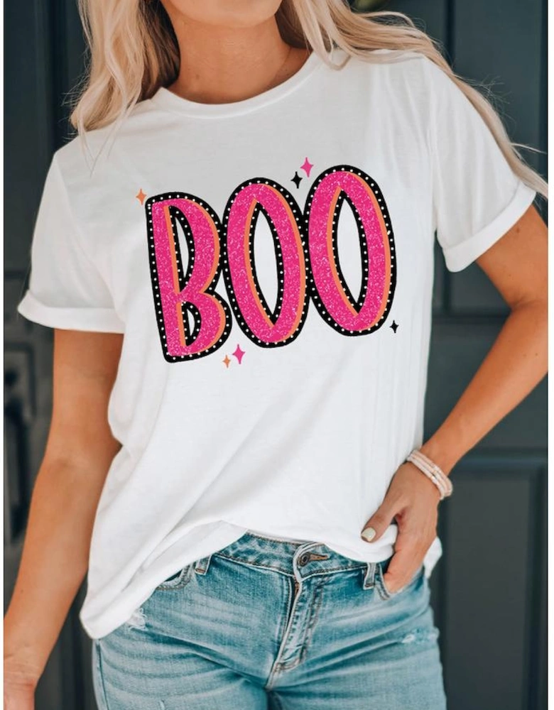 White BOO Crew Neck Graphic T Shirt