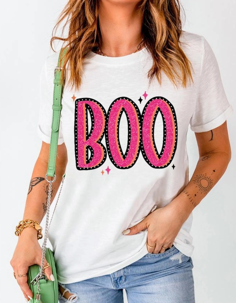 White BOO Crew Neck Graphic T Shirt
