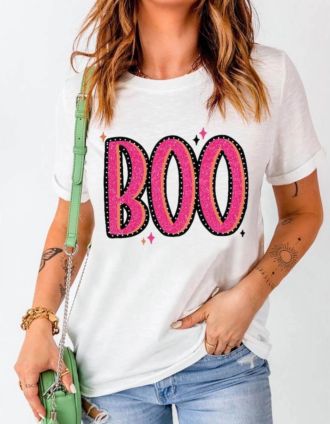 White BOO Crew Neck Graphic T Shirt