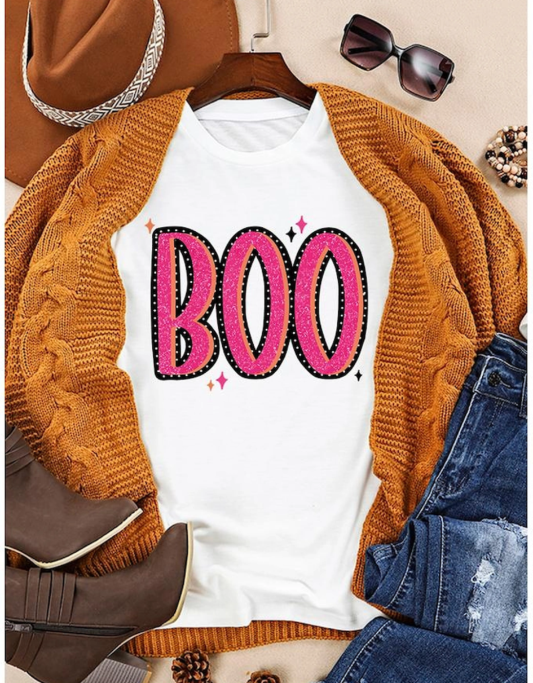 White BOO Crew Neck Graphic T Shirt, 8 of 7