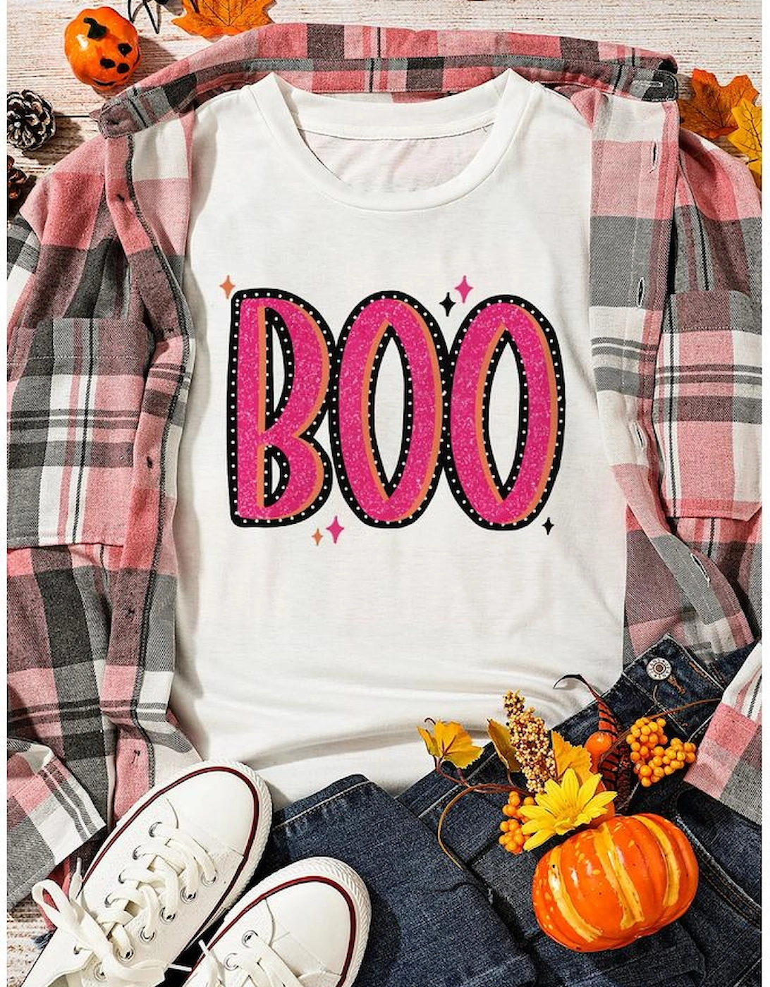 White BOO Crew Neck Graphic T Shirt
