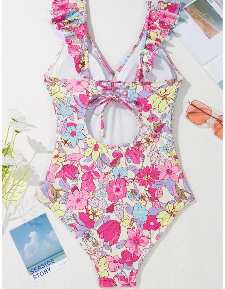 Pink Floral Ruffle Trim V Neck Lace-up Back Tummy Control One Piece Swimsuit