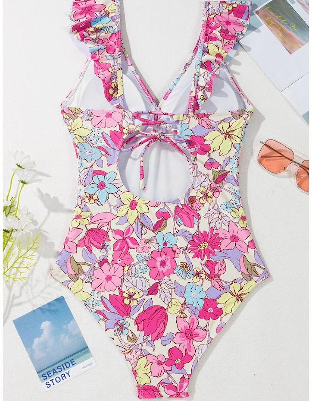 Pink Floral Ruffle Trim V Neck Lace-up Back Tummy Control One Piece Swimsuit