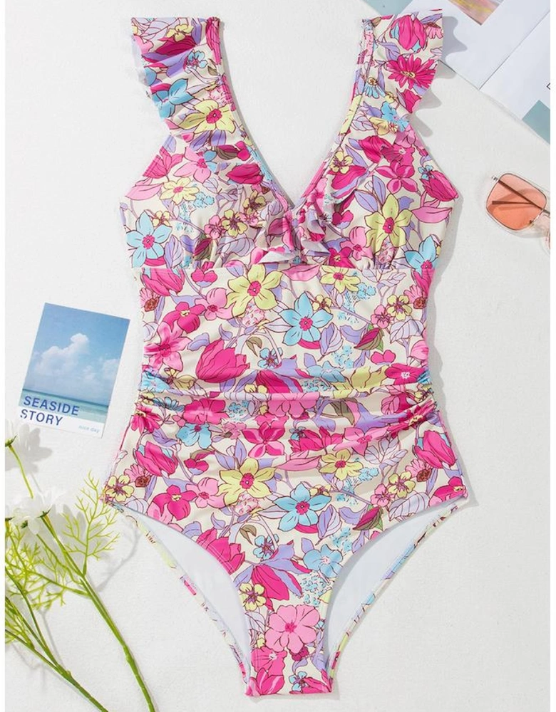 Pink Floral Ruffle Trim V Neck Lace-up Back Tummy Control One Piece Swimsuit