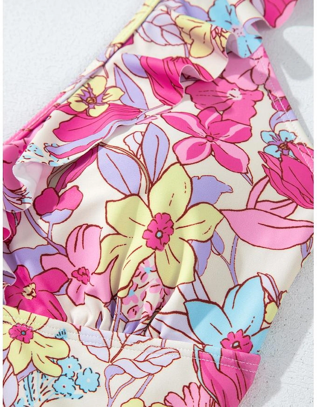 Pink Floral Ruffle Trim V Neck Lace-up Back Tummy Control One Piece Swimsuit