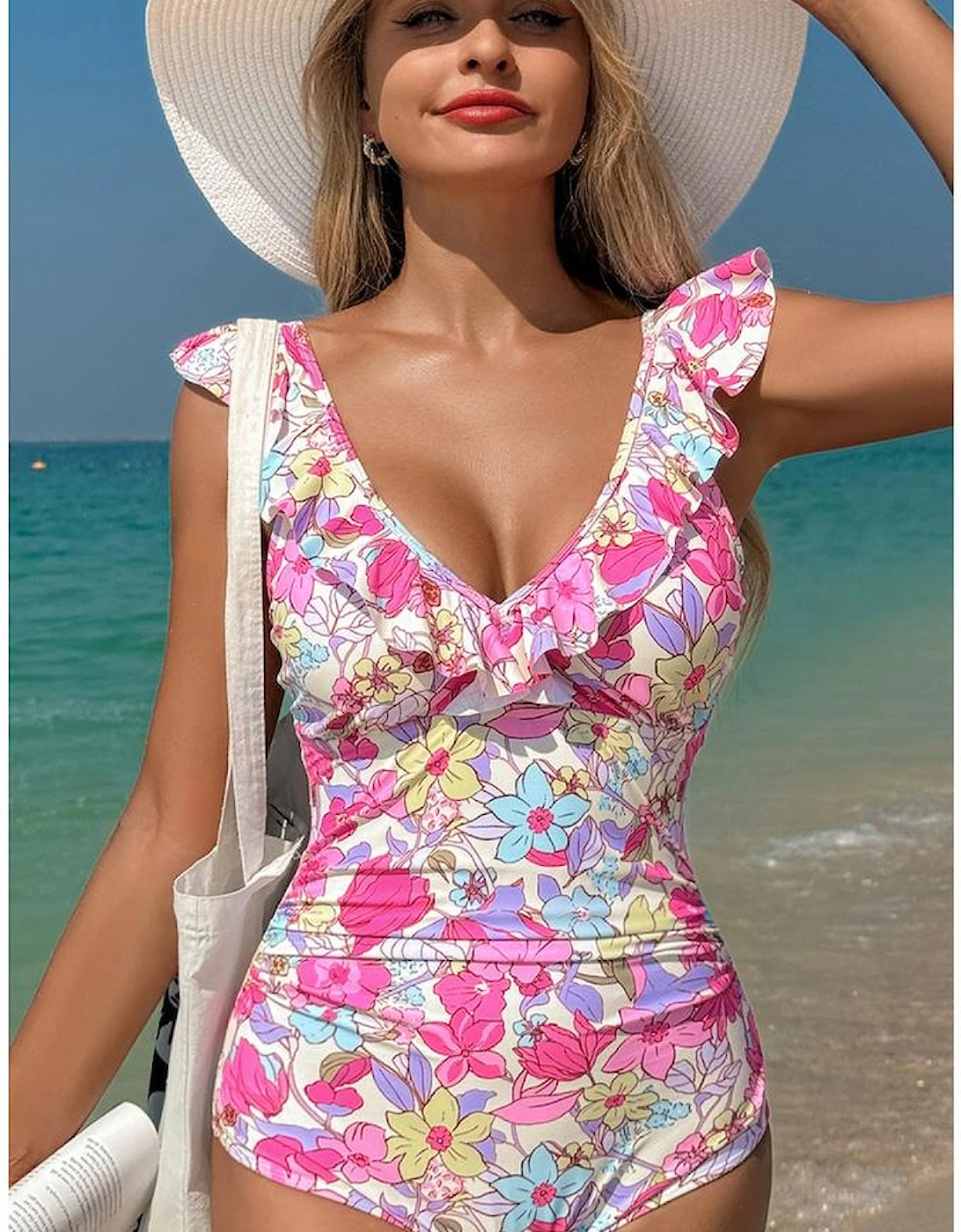 Pink Floral Ruffle Trim V Neck Lace-up Back Tummy Control One Piece Swimsuit, 17 of 16