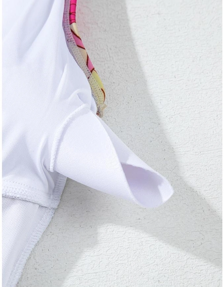 Pink Floral Ruffle Trim V Neck Lace-up Back Tummy Control One Piece Swimsuit