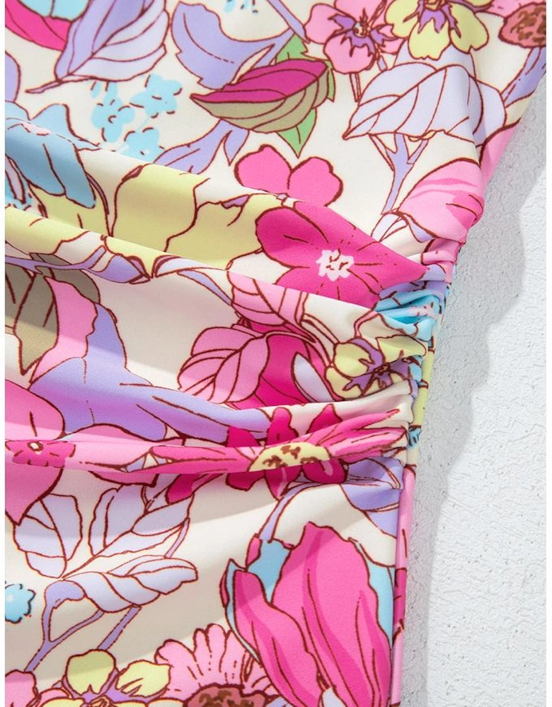 Pink Floral Ruffle Trim V Neck Lace-up Back Tummy Control One Piece Swimsuit