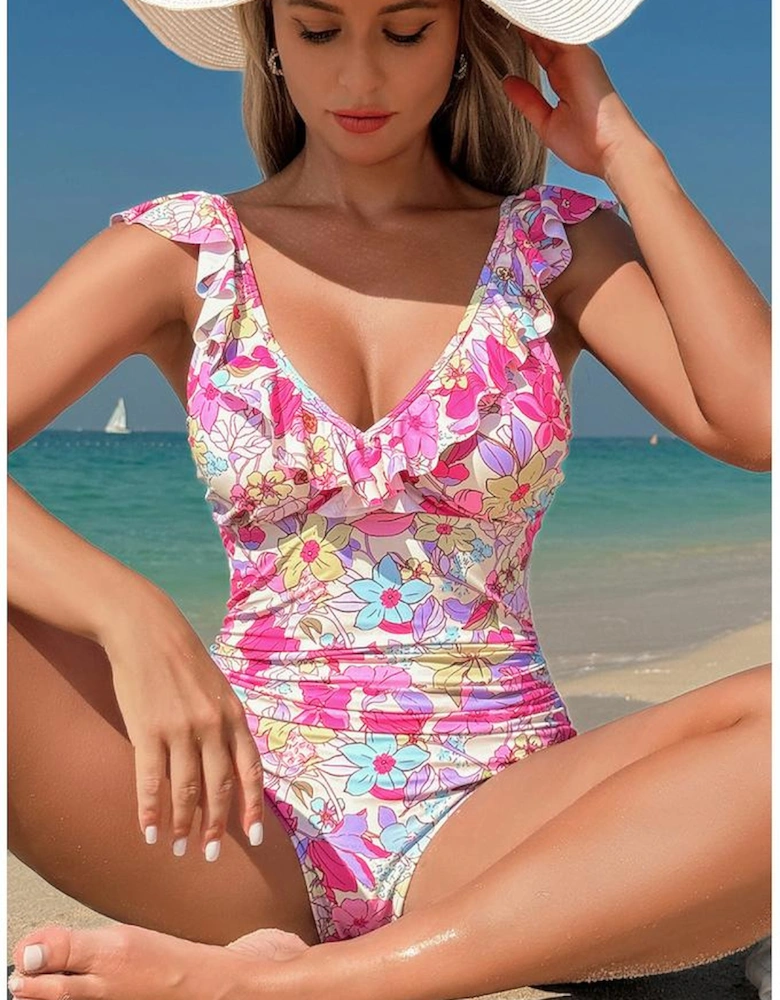 Pink Floral Ruffle Trim V Neck Lace-up Back Tummy Control One Piece Swimsuit