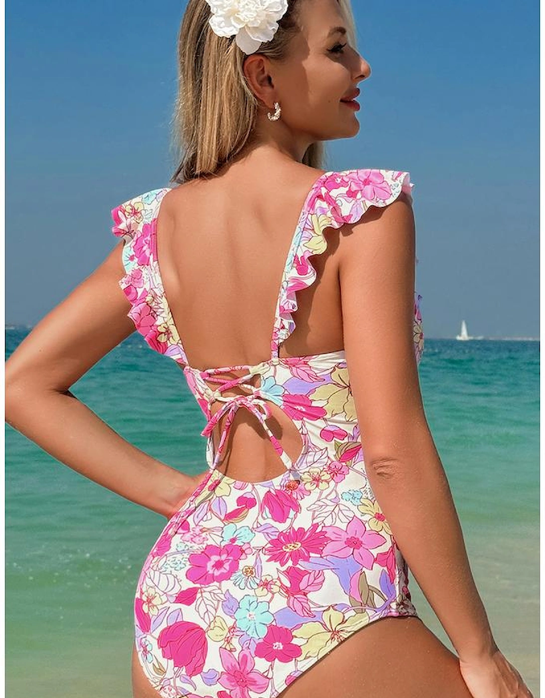 Pink Floral Ruffle Trim V Neck Lace-up Back Tummy Control One Piece Swimsuit