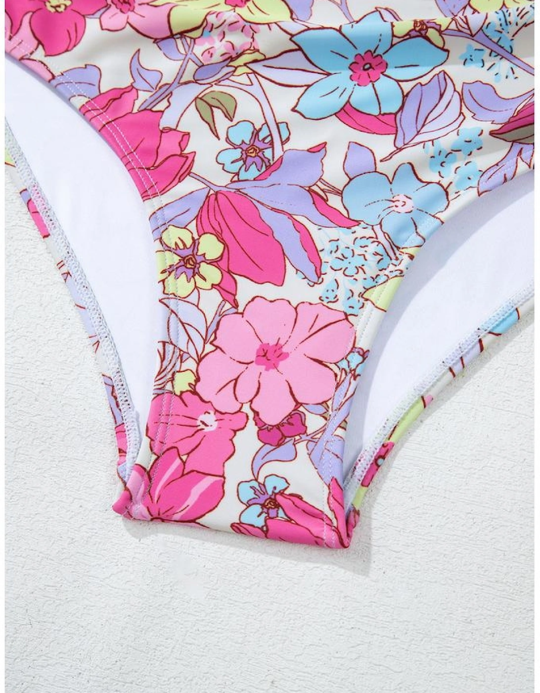 Pink Floral Ruffle Trim V Neck Lace-up Back Tummy Control One Piece Swimsuit