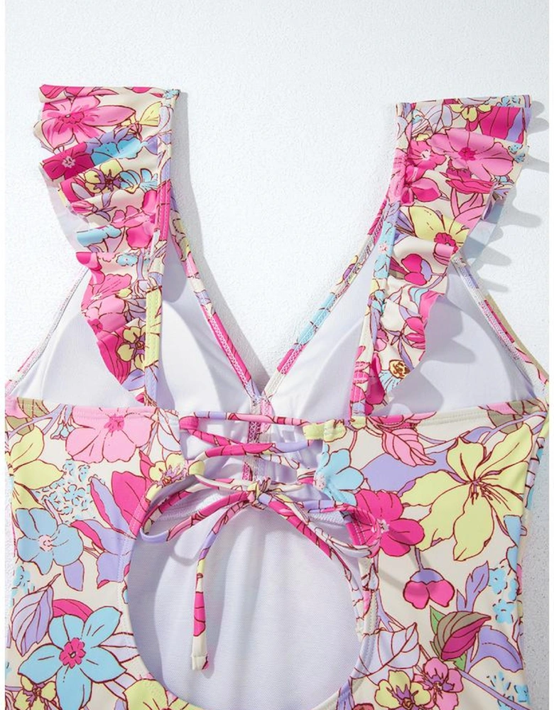 Pink Floral Ruffle Trim V Neck Lace-up Back Tummy Control One Piece Swimsuit