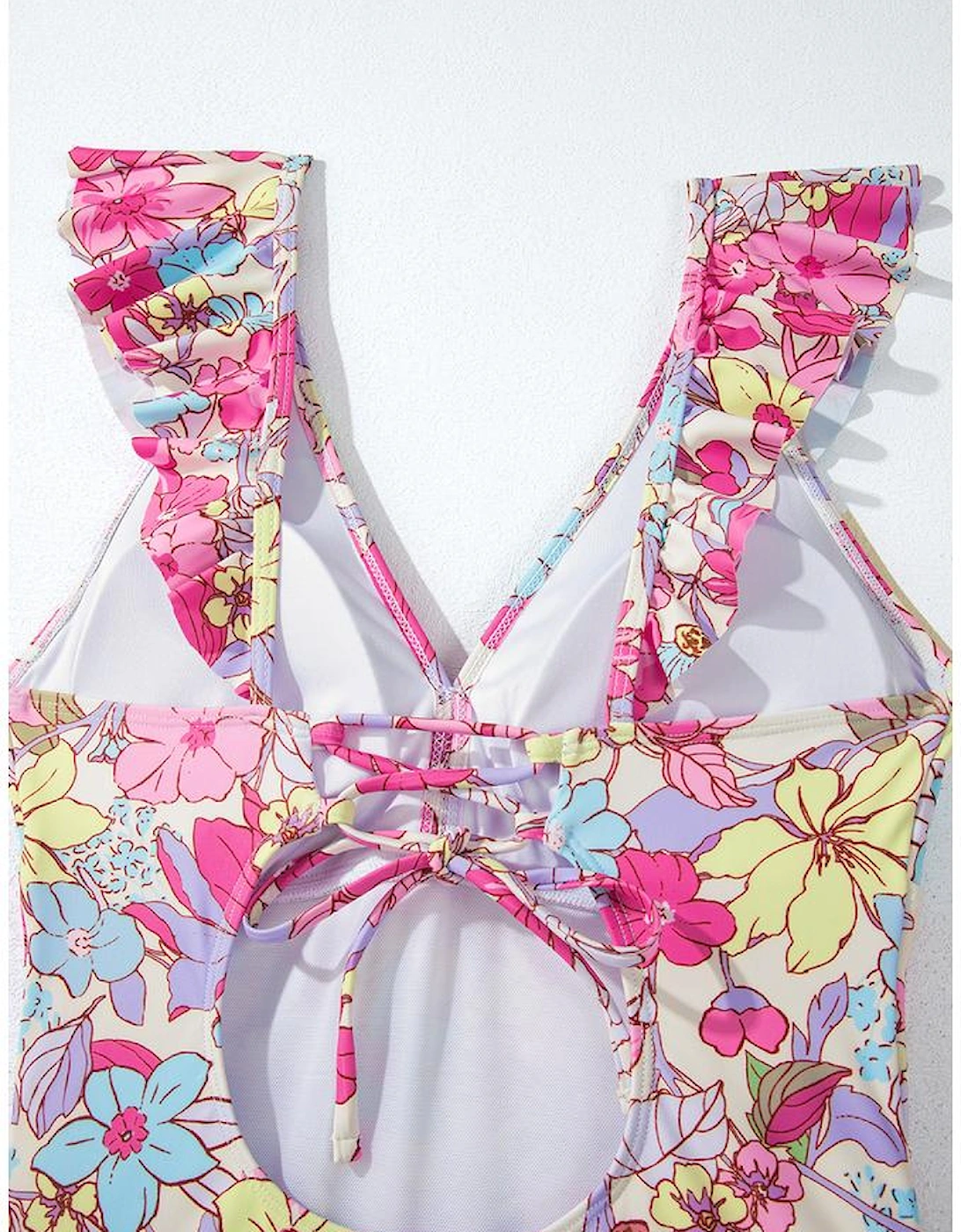 Pink Floral Ruffle Trim V Neck Lace-up Back Tummy Control One Piece Swimsuit