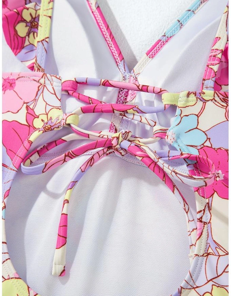 Pink Floral Ruffle Trim V Neck Lace-up Back Tummy Control One Piece Swimsuit