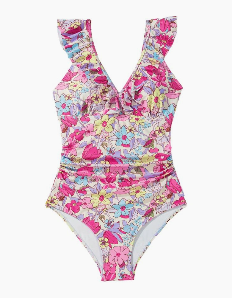 Pink Floral Ruffle Trim V Neck Lace-up Back Tummy Control One Piece Swimsuit