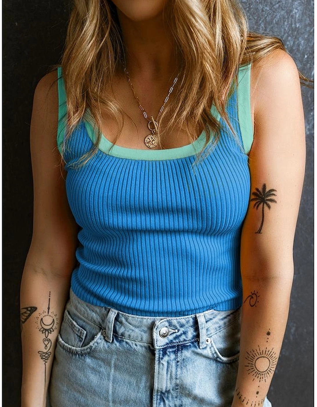 Blue Colorblock Edge Ribbed Knit U Neck Tank Top