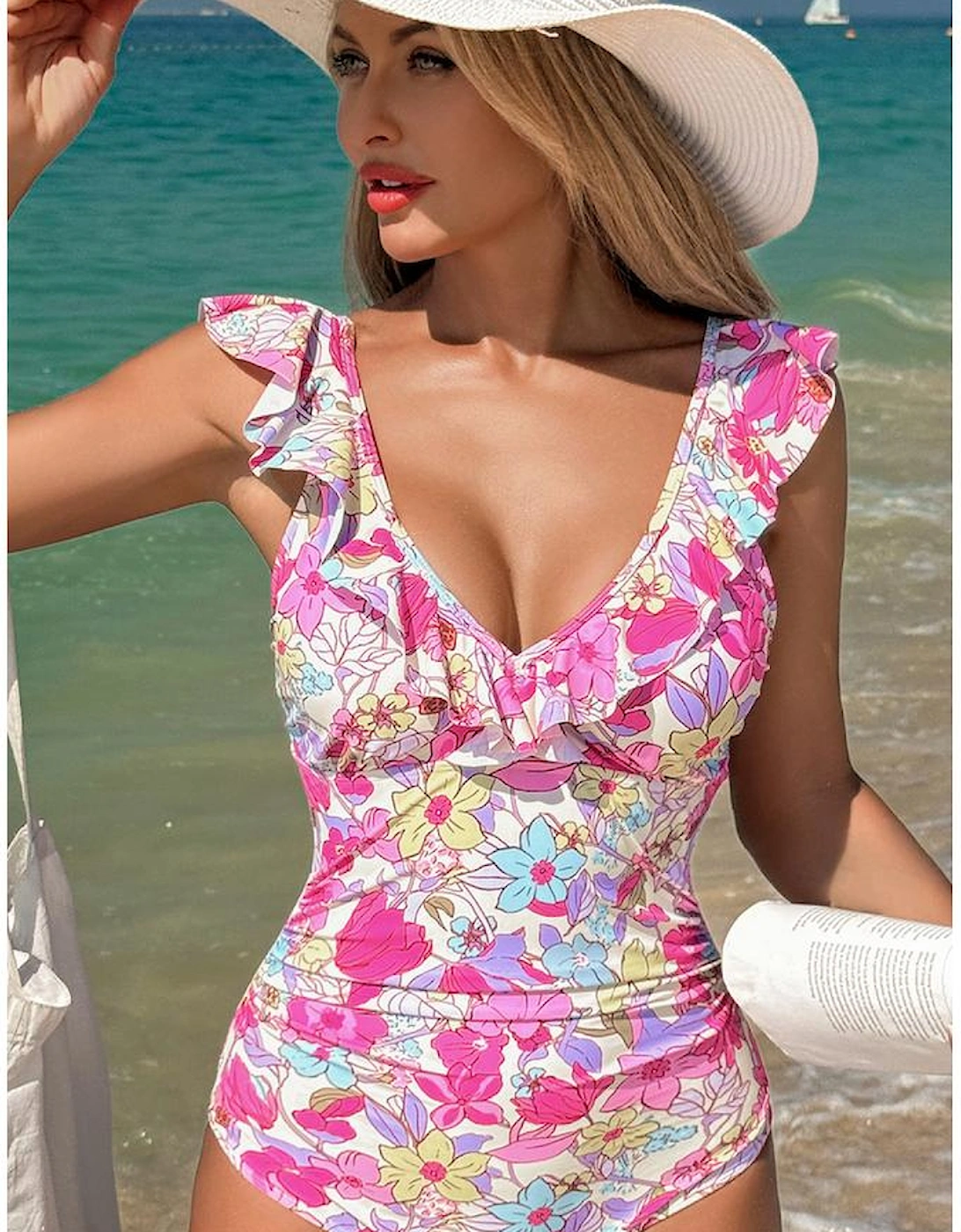 Pink Floral Ruffle Trim V Neck Lace-up Back Tummy Control One Piece Swimsuit
