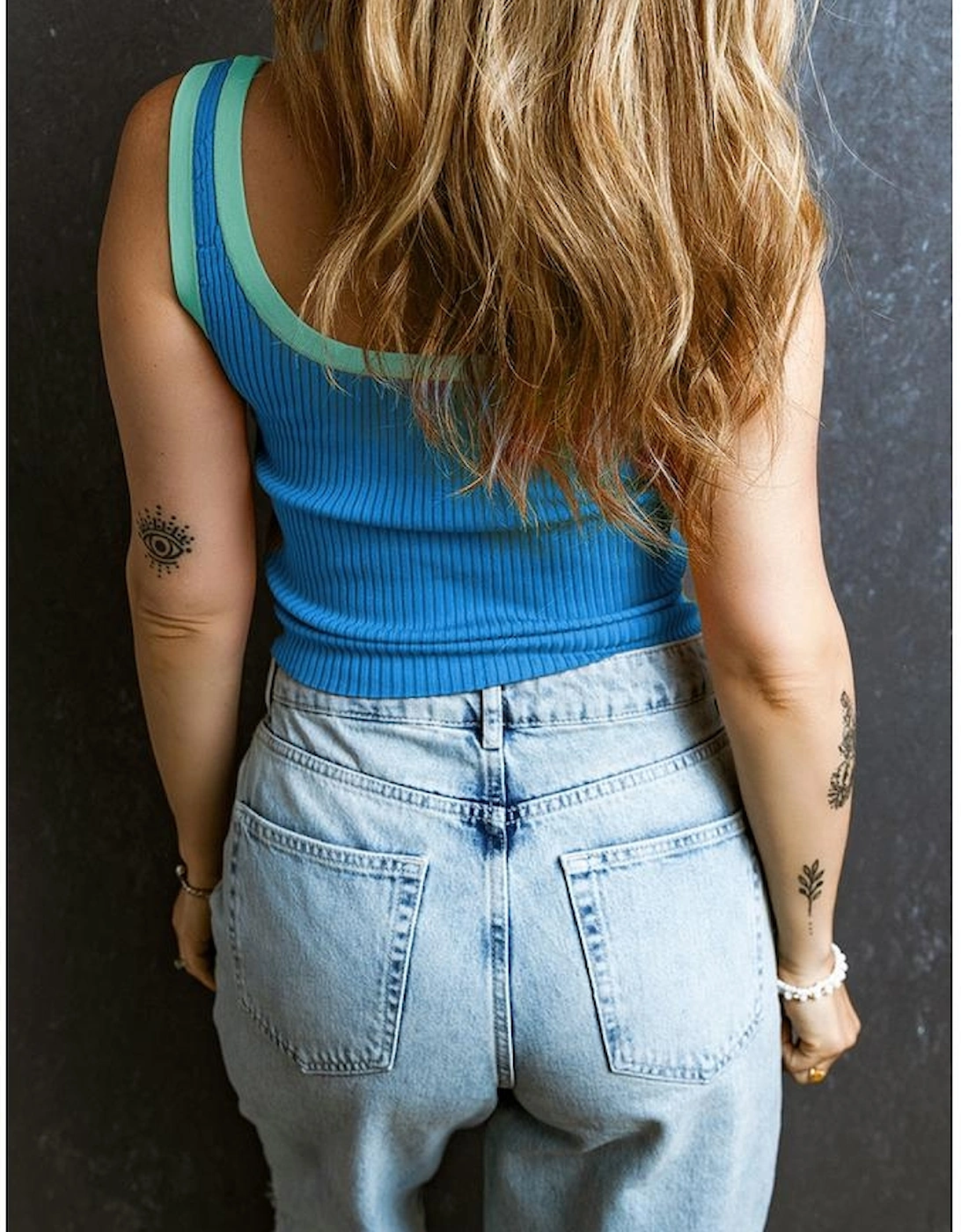 Blue Colorblock Edge Ribbed Knit U Neck Tank Top