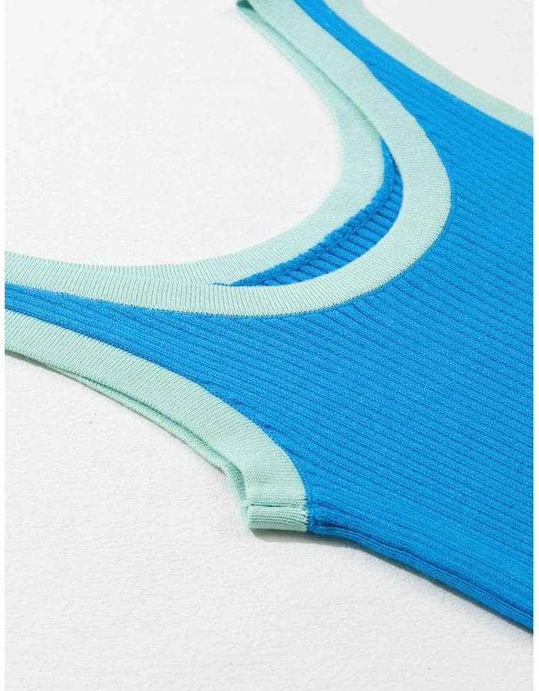 Blue Colorblock Edge Ribbed Knit U Neck Tank Top