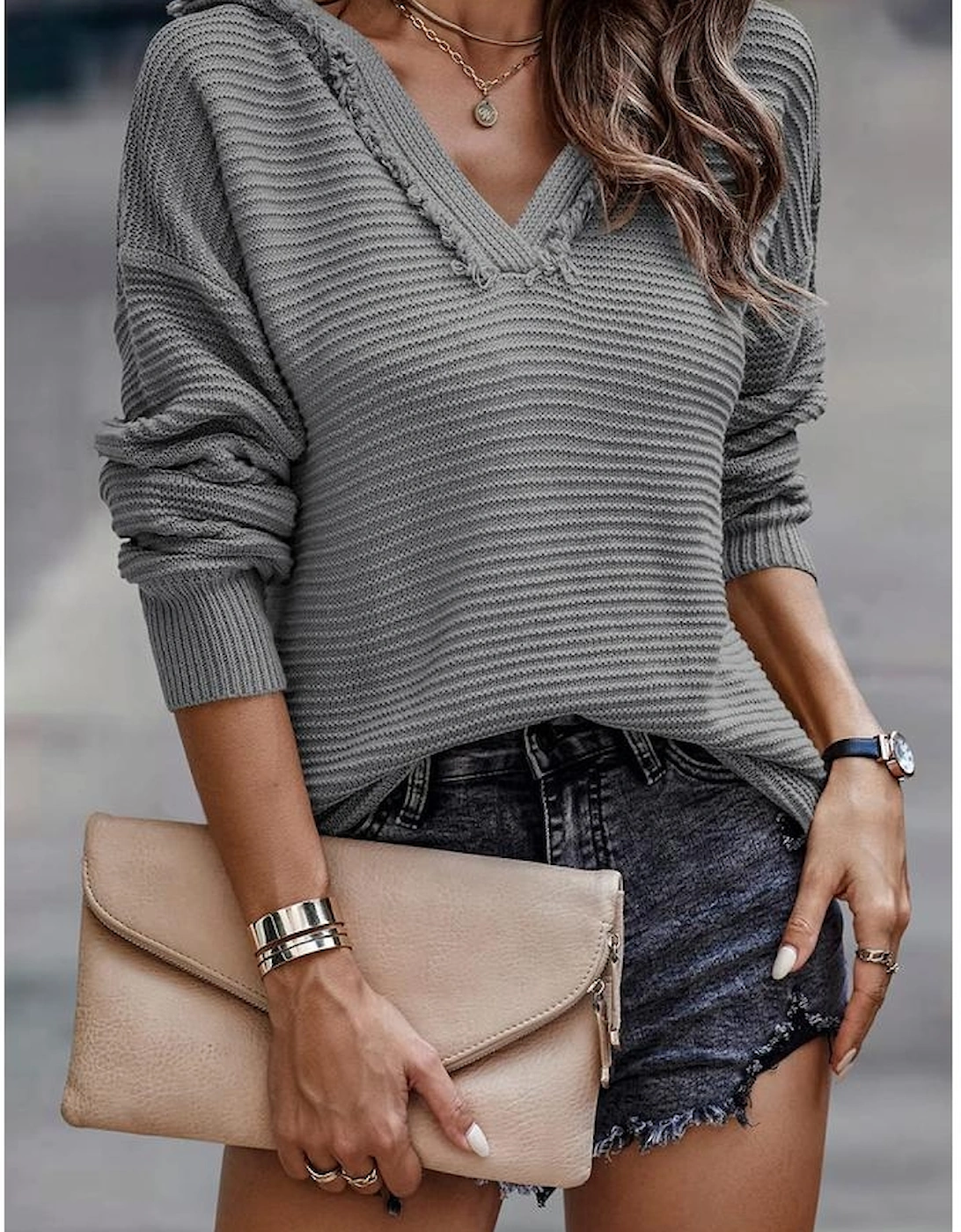 Gray V Neck Ribbed Drop Shoulder Hooded Sweater