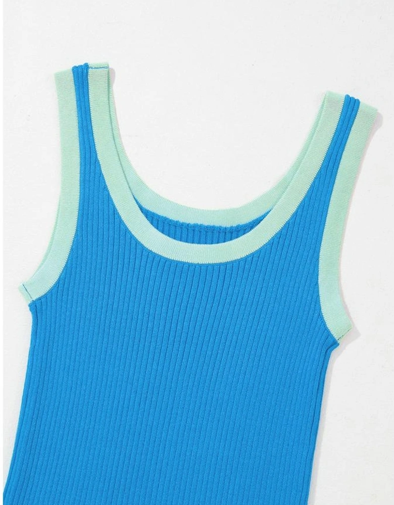 Blue Colorblock Edge Ribbed Knit U Neck Tank Top