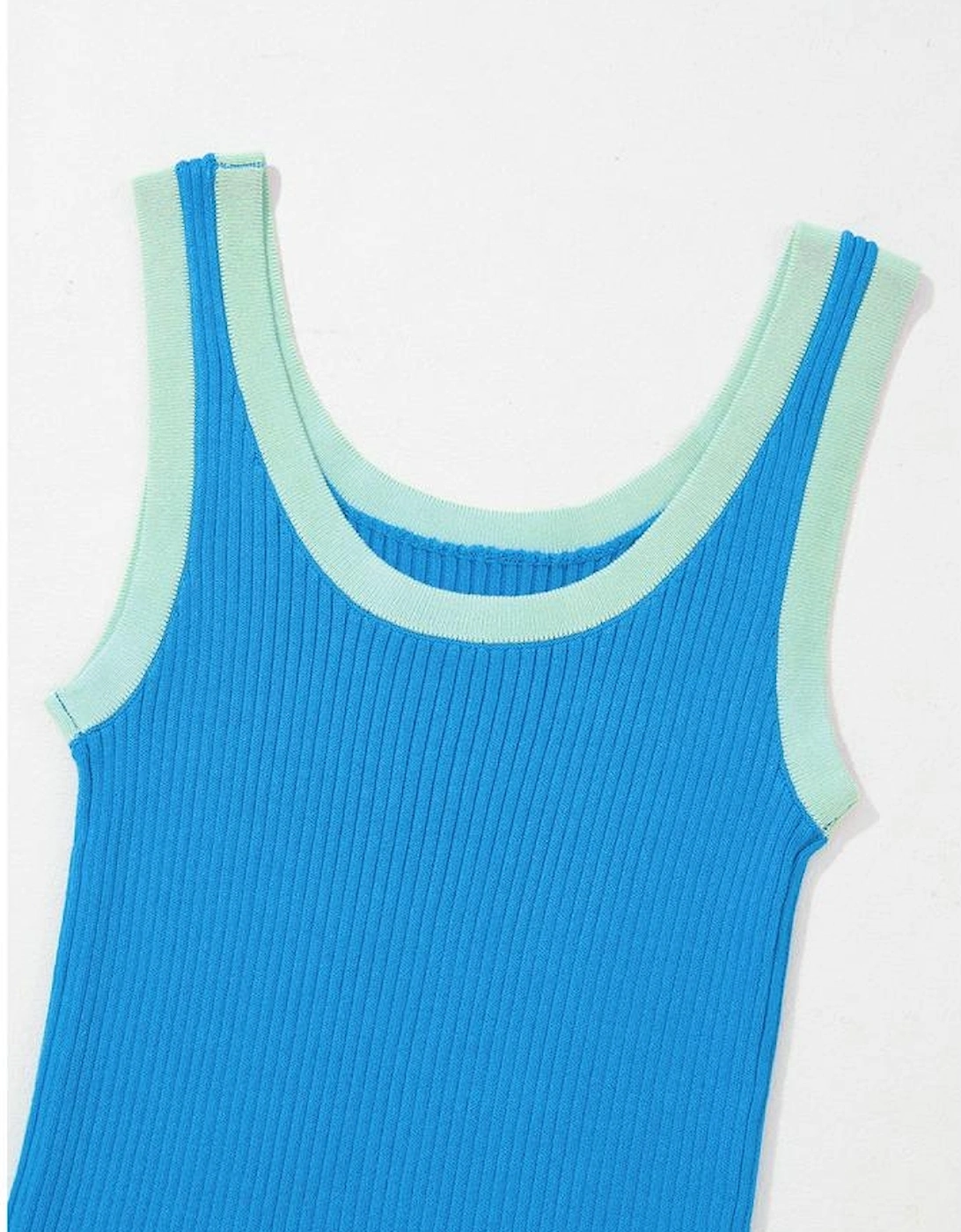 Blue Colorblock Edge Ribbed Knit U Neck Tank Top