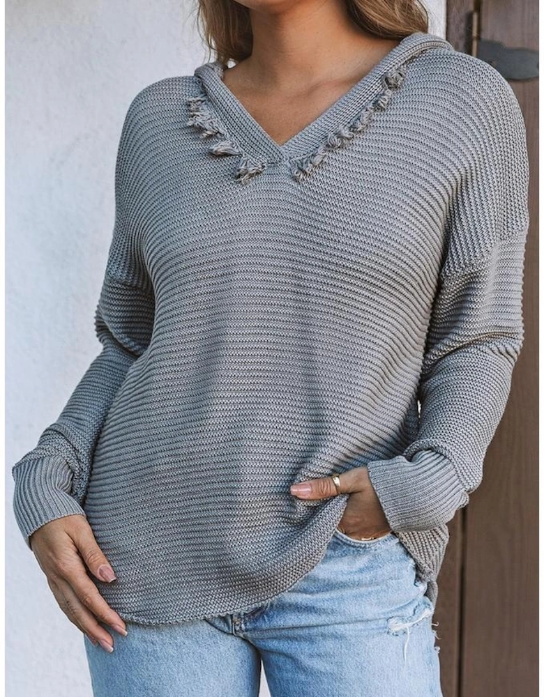 Gray V Neck Ribbed Drop Shoulder Hooded Sweater