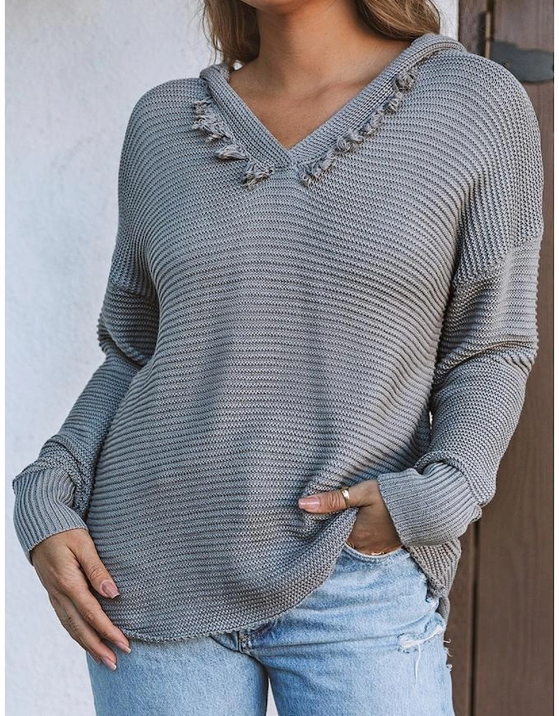Gray V Neck Ribbed Drop Shoulder Hooded Sweater
