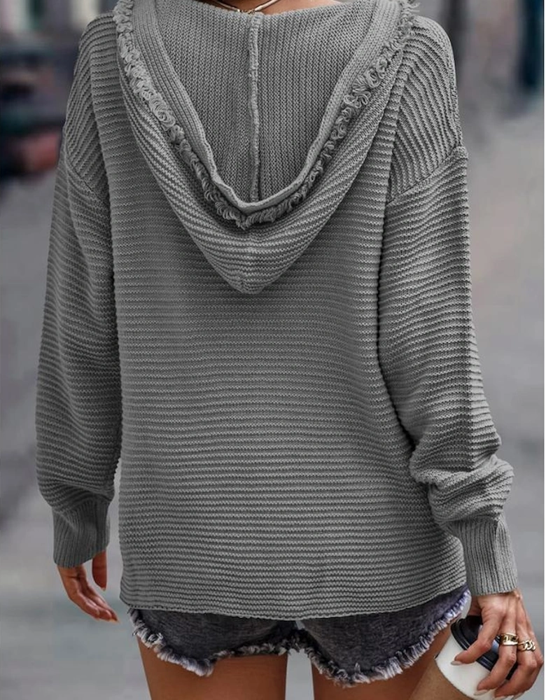 Gray V Neck Ribbed Drop Shoulder Hooded Sweater