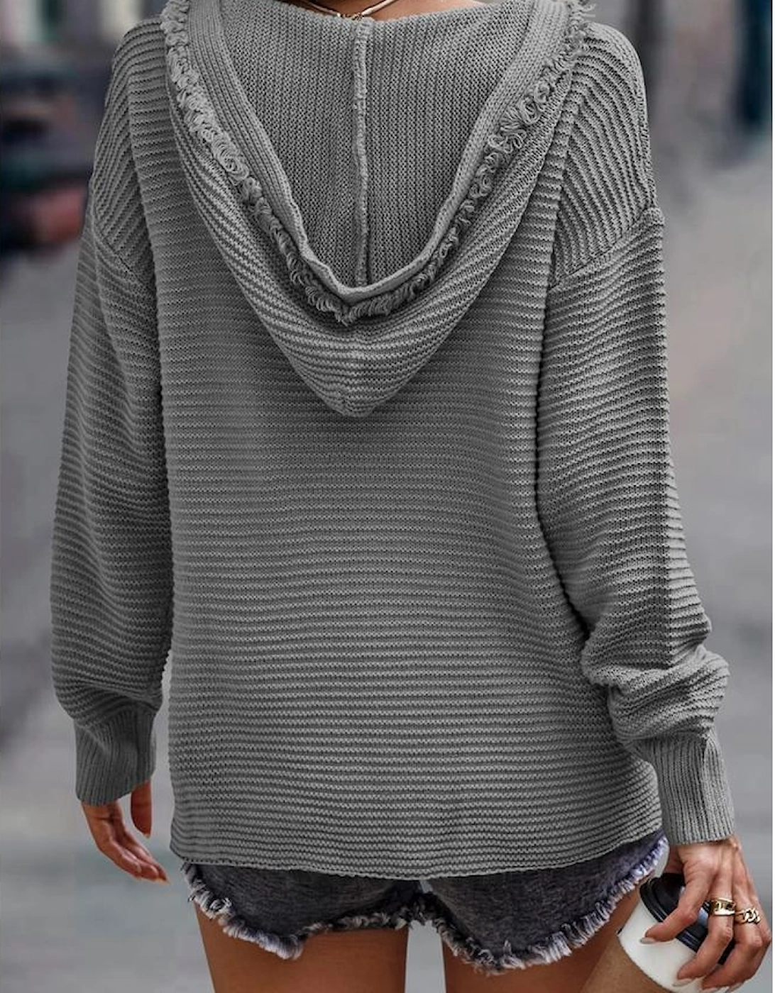 Gray V Neck Ribbed Drop Shoulder Hooded Sweater, 12 of 11