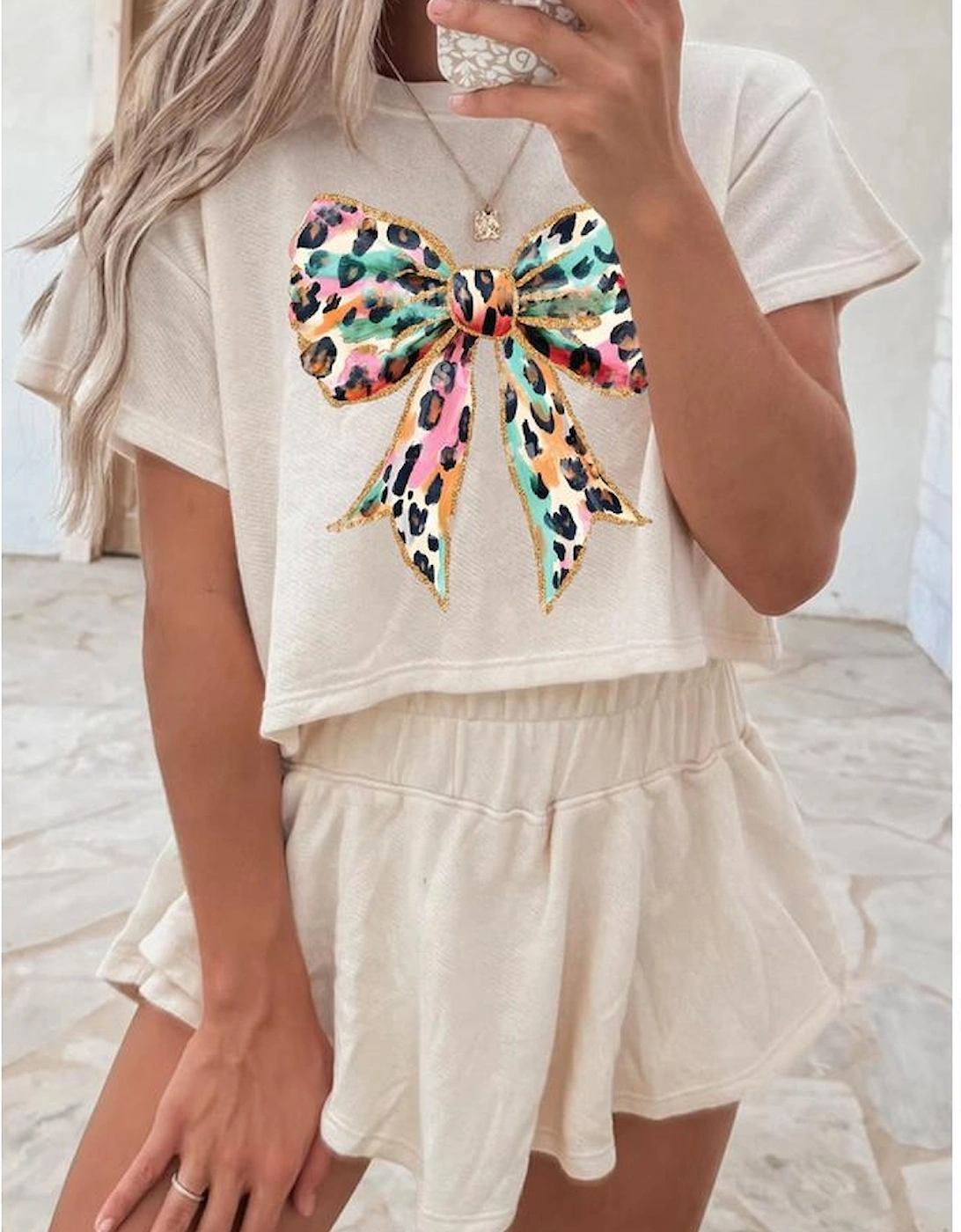 Beige Bold Leopard Bow Print Loose Tee and Skort 2pcs Set, 5 of 4