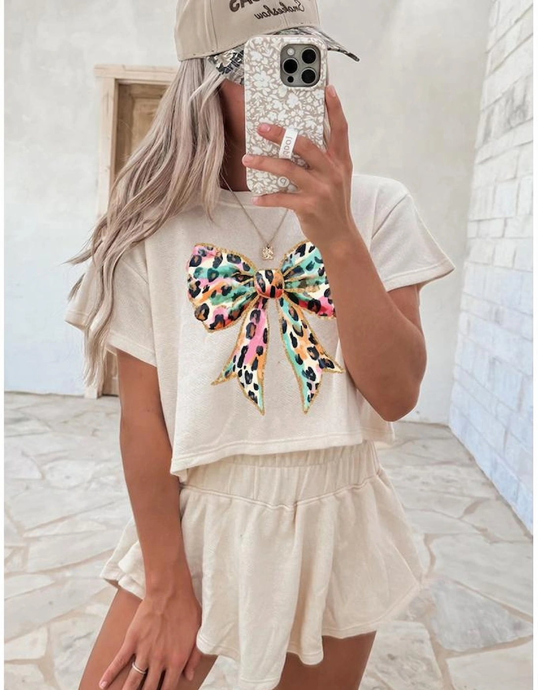 Beige Bold Leopard Bow Print Loose Tee and Skort 2pcs Set