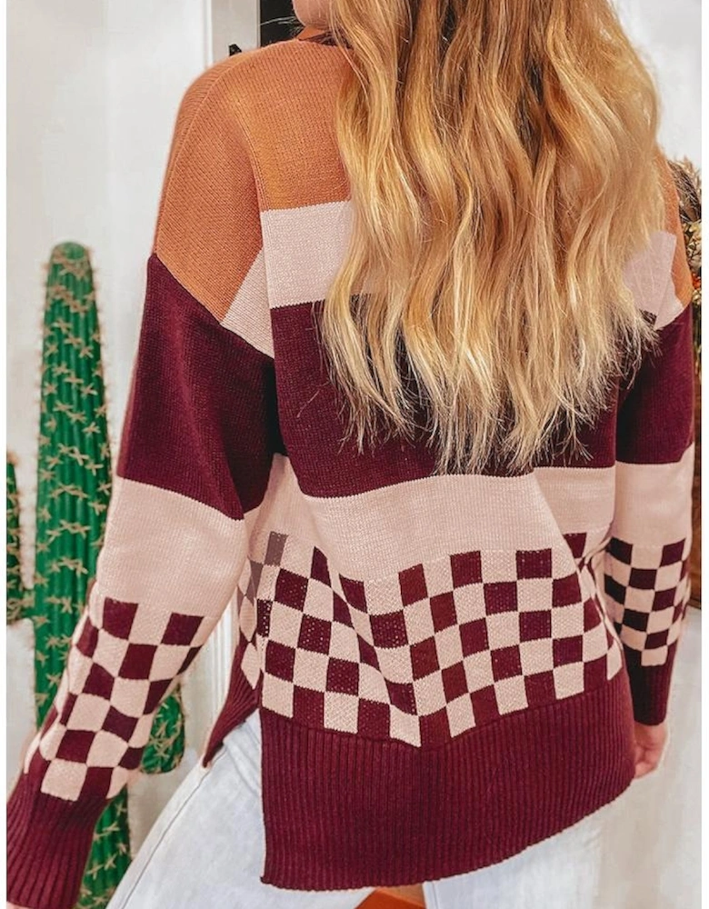 Brown Checkered Color Block Knitted Drop Shoulder Sweater