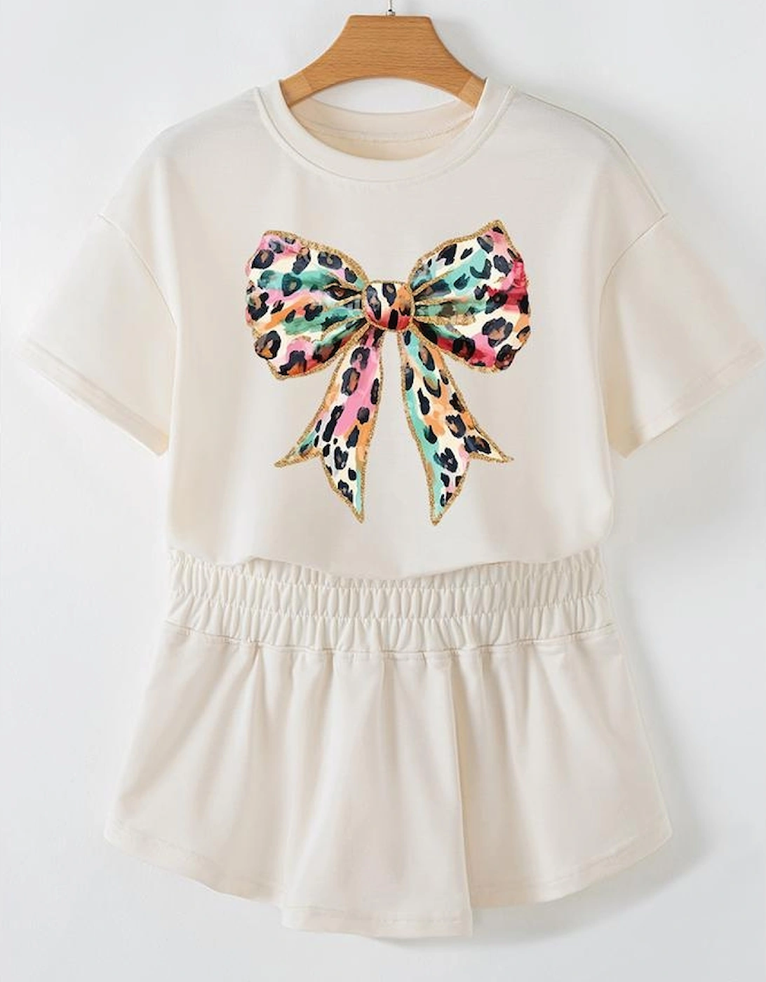 Beige Bold Leopard Bow Print Loose Tee and Skort 2pcs Set