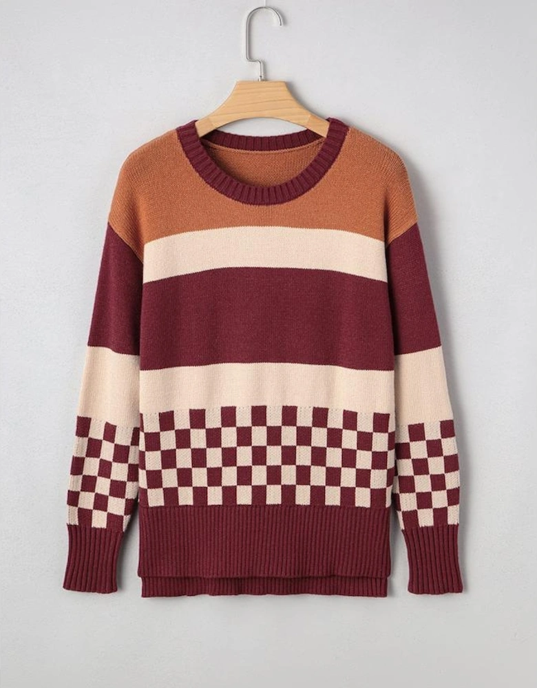 Brown Checkered Color Block Knitted Drop Shoulder Sweater