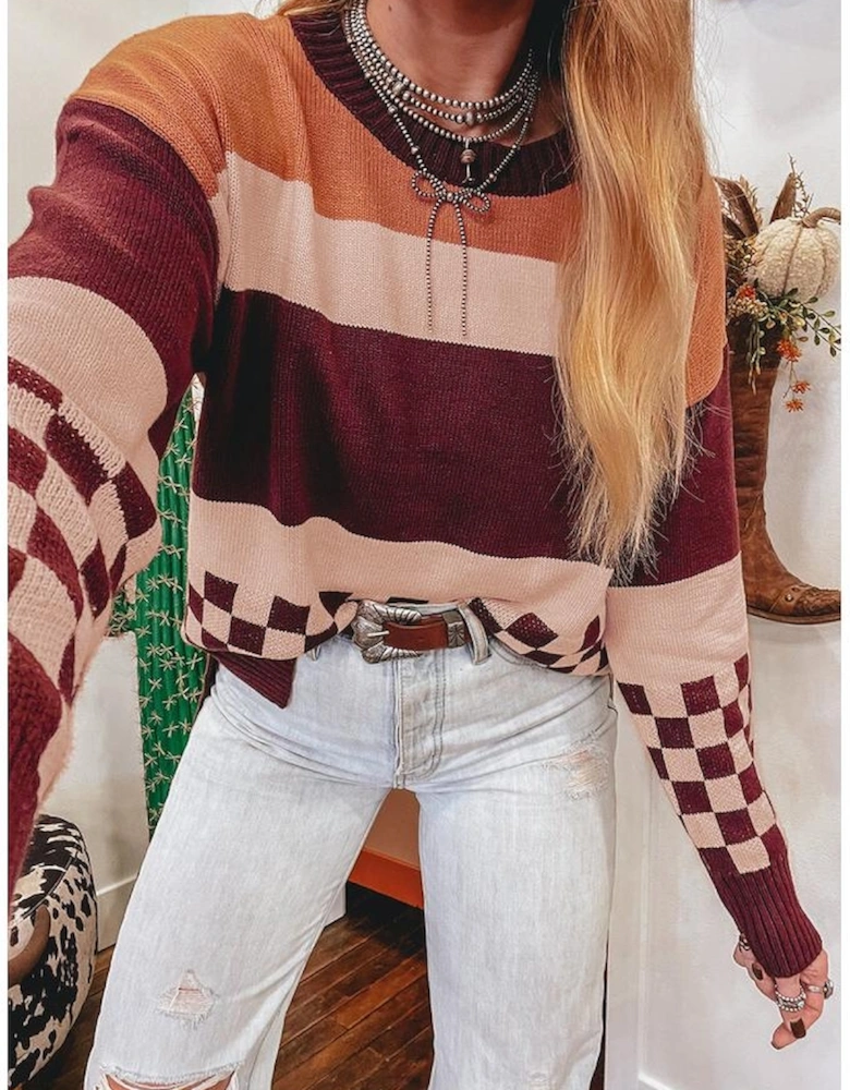 Brown Checkered Color Block Knitted Drop Shoulder Sweater