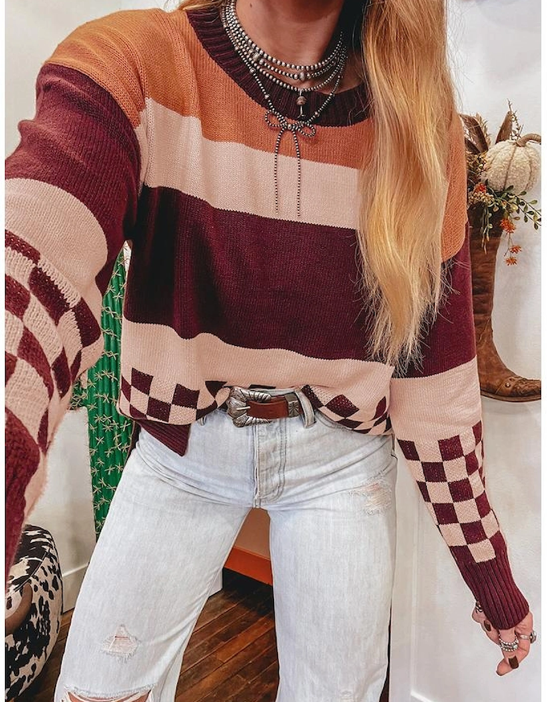Brown Checkered Color Block Knitted Drop Shoulder Sweater