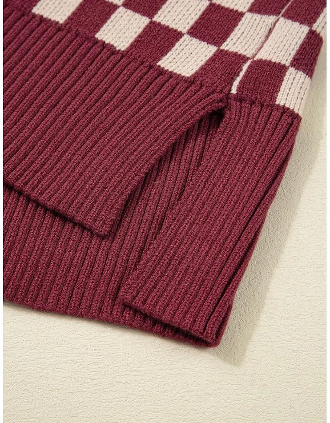 Brown Checkered Color Block Knitted Drop Shoulder Sweater