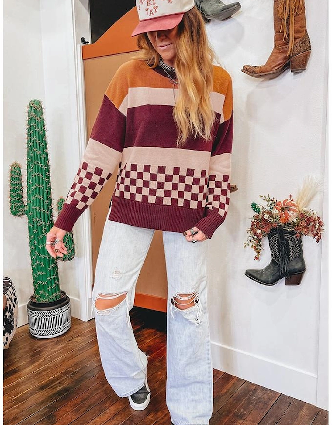 Brown Checkered Color Block Knitted Drop Shoulder Sweater