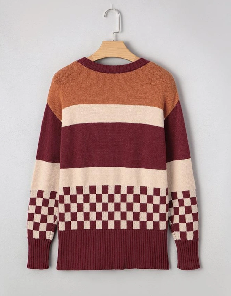 Brown Checkered Color Block Knitted Drop Shoulder Sweater