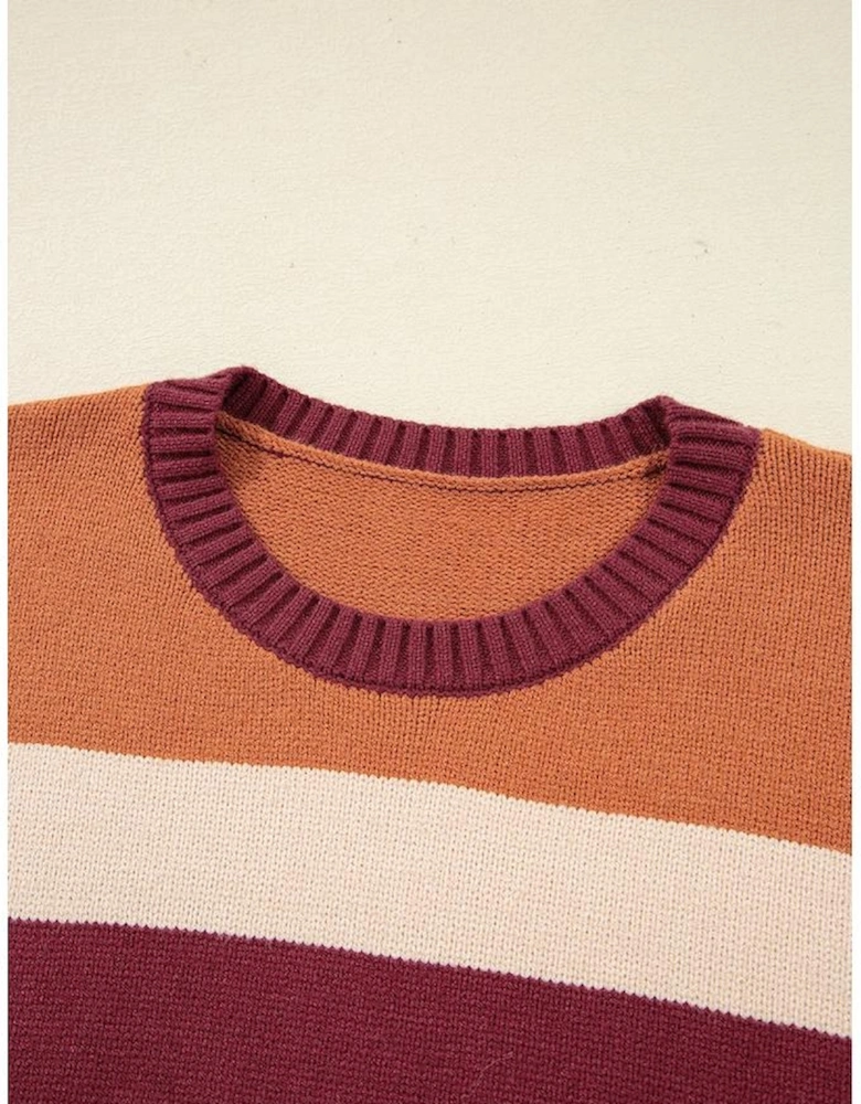 Brown Checkered Color Block Knitted Drop Shoulder Sweater