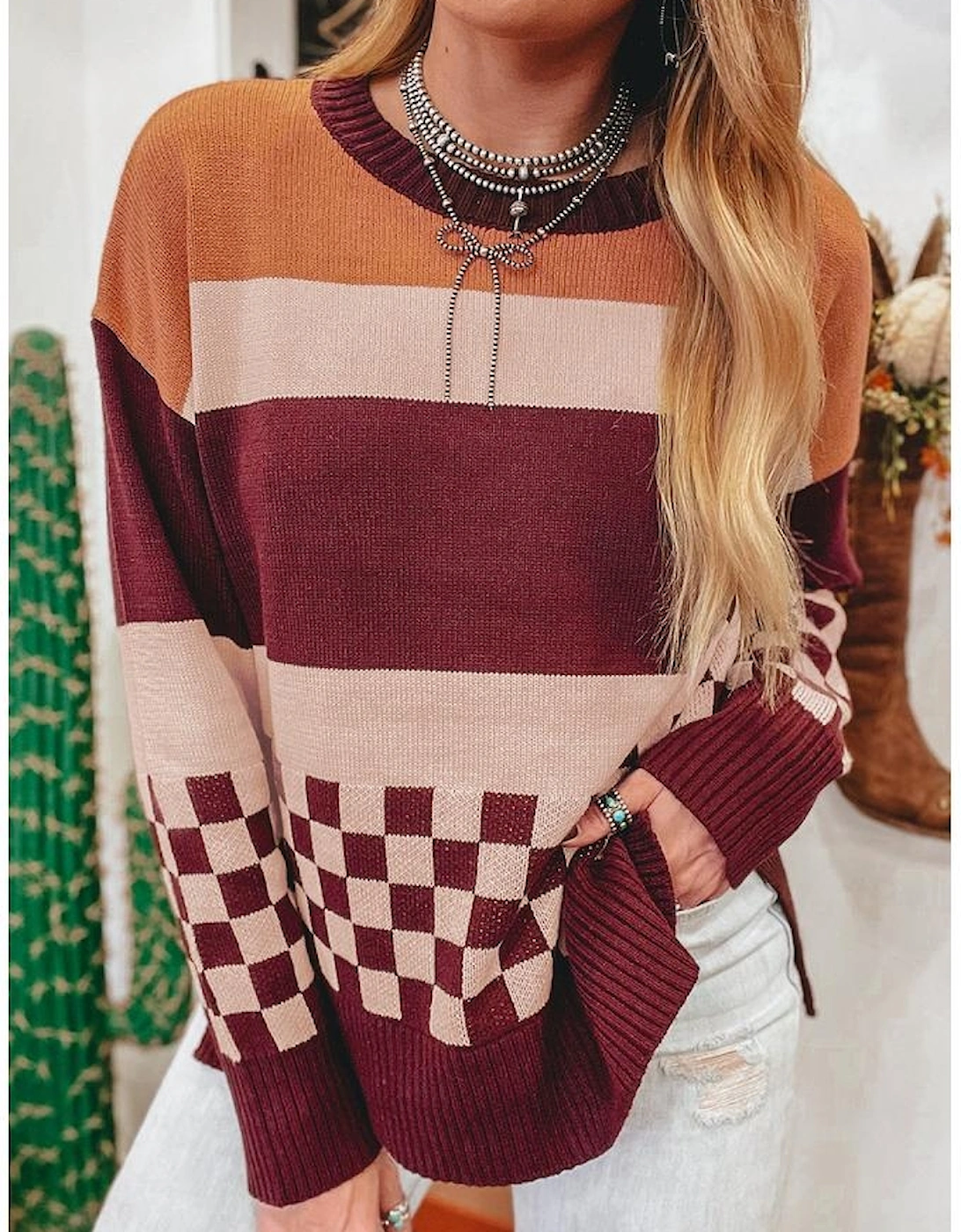 Brown Checkered Color Block Knitted Drop Shoulder Sweater
