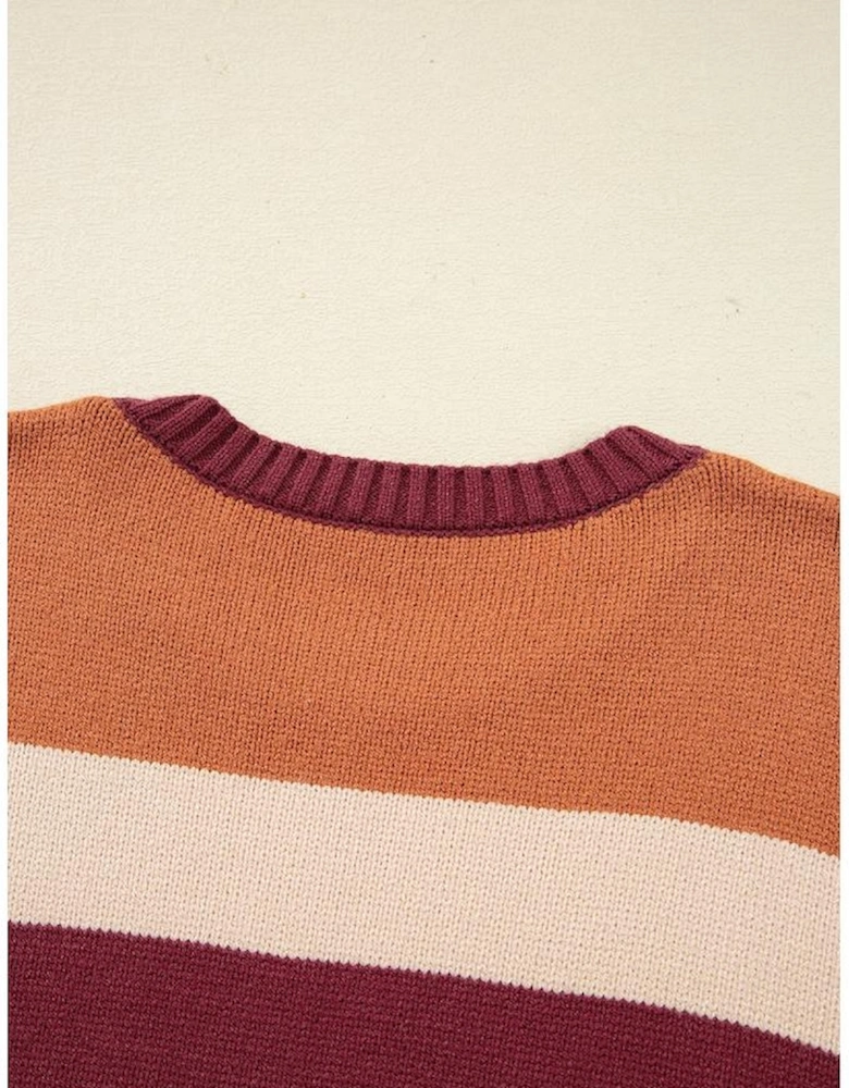 Brown Checkered Color Block Knitted Drop Shoulder Sweater