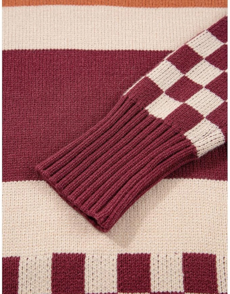 Brown Checkered Color Block Knitted Drop Shoulder Sweater