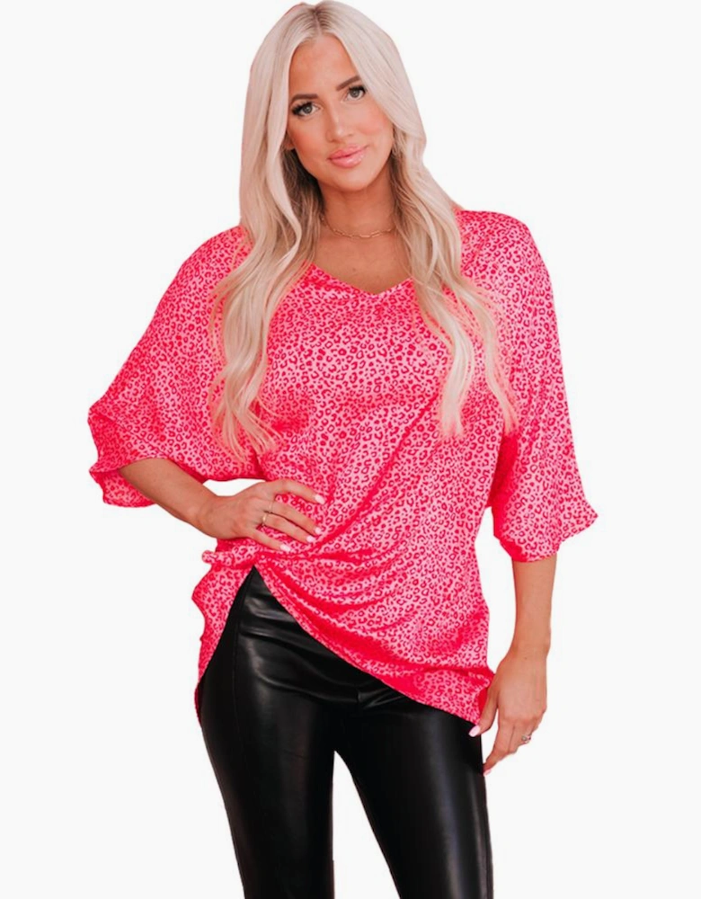 Rose Leopard Print Oversized Half Sleeve V Neck Top
