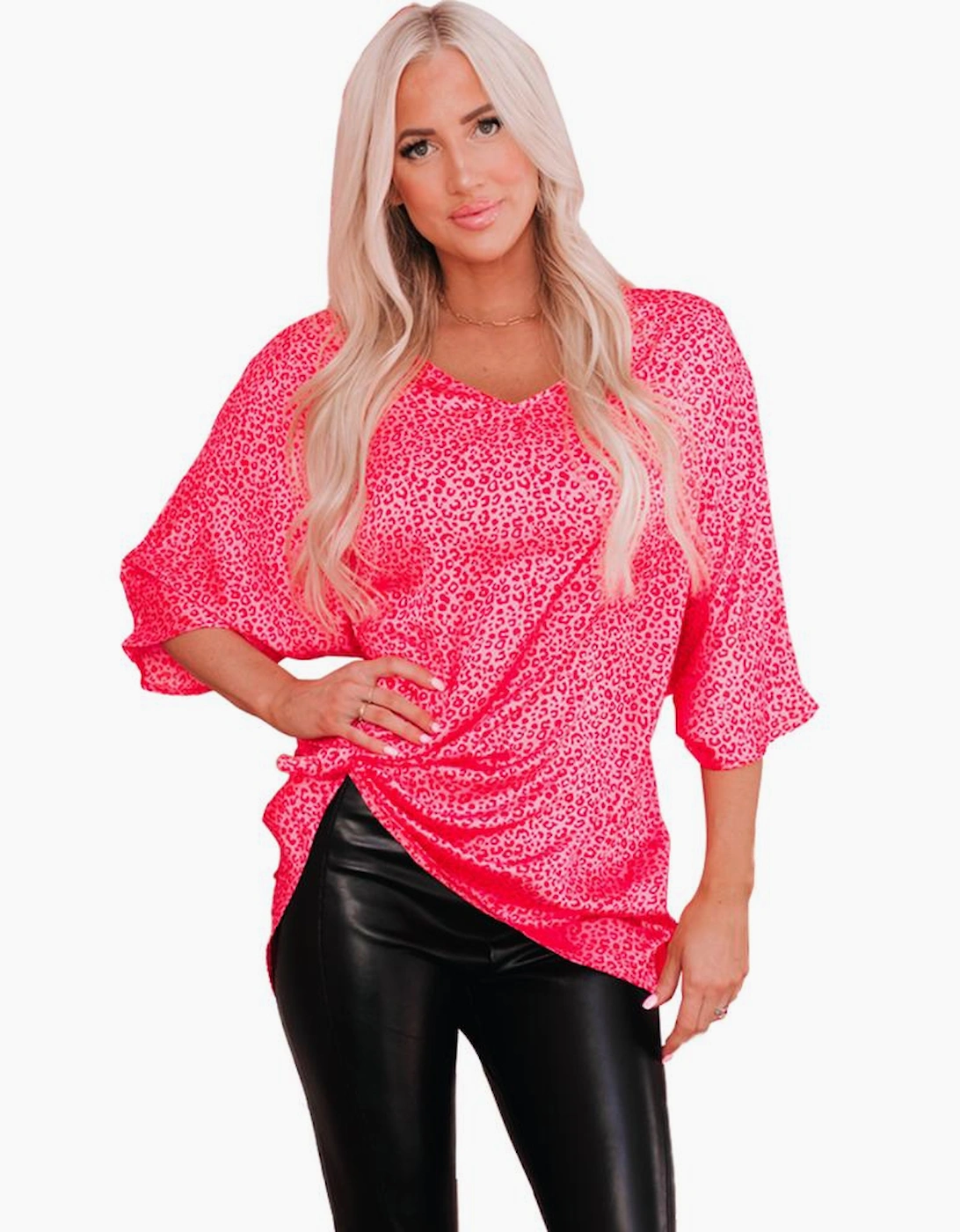 Rose Leopard Print Oversized Half Sleeve V Neck Top