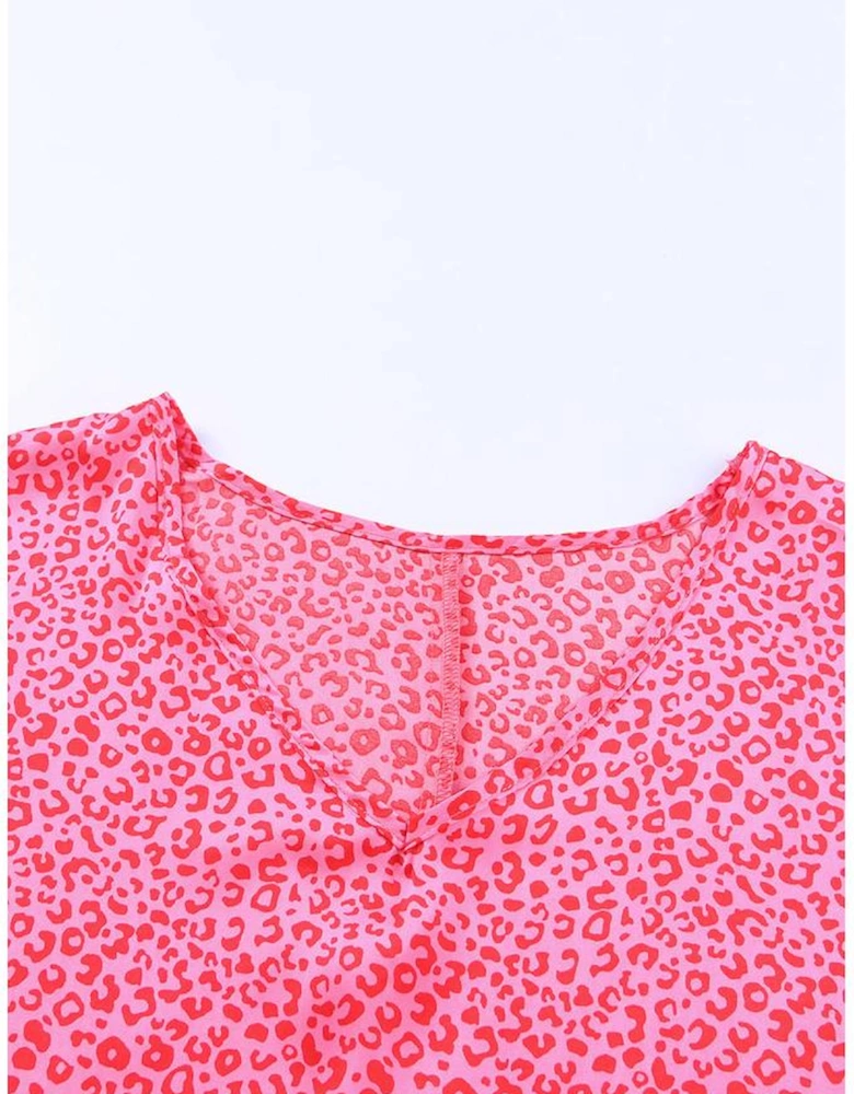 Rose Leopard Print Oversized Half Sleeve V Neck Top