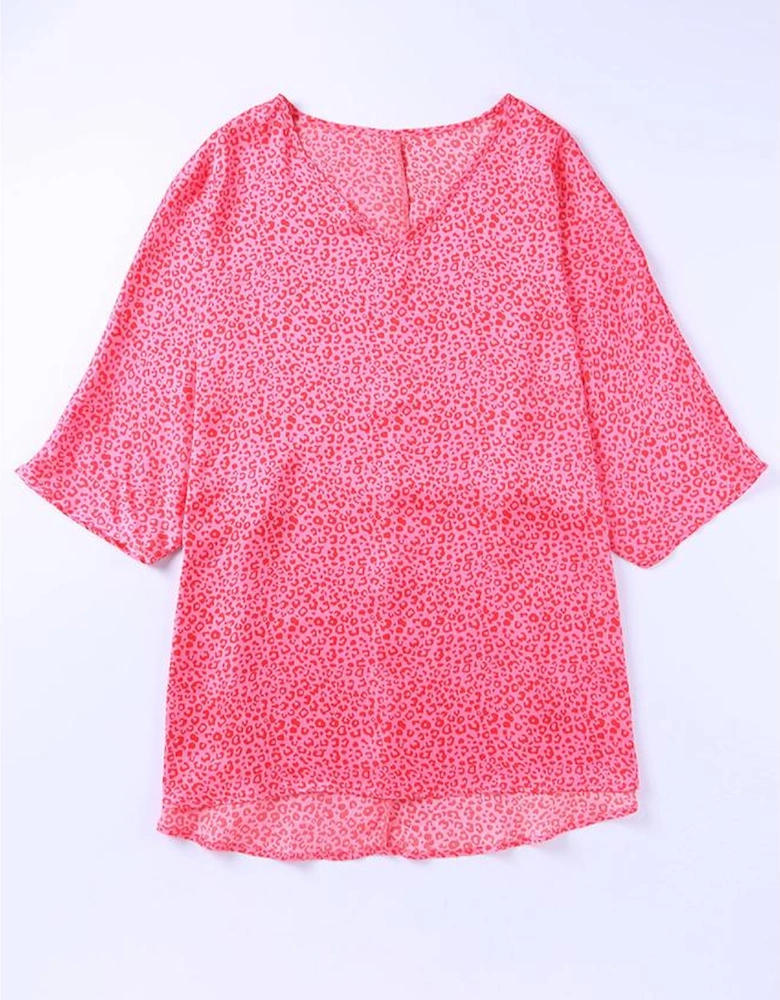 Rose Leopard Print Oversized Half Sleeve V Neck Top