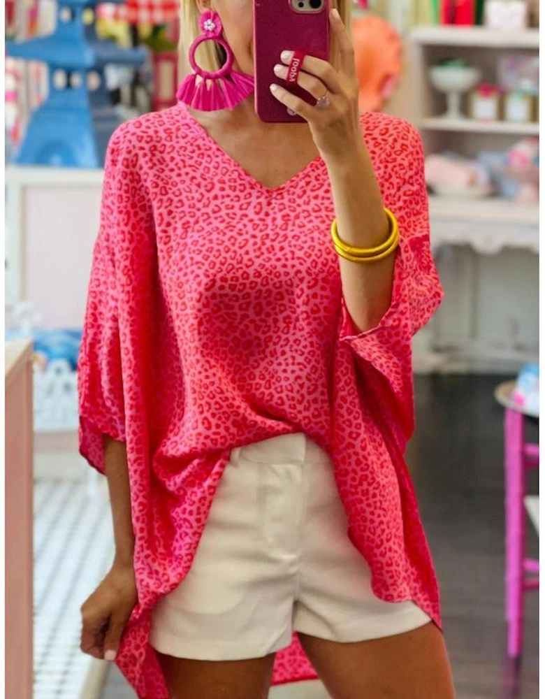 Rose Leopard Print Oversized Half Sleeve V Neck Top