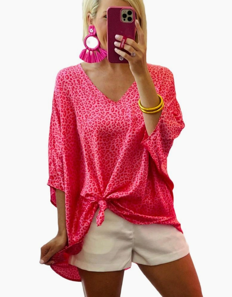 Rose Leopard Print Oversized Half Sleeve V Neck Top